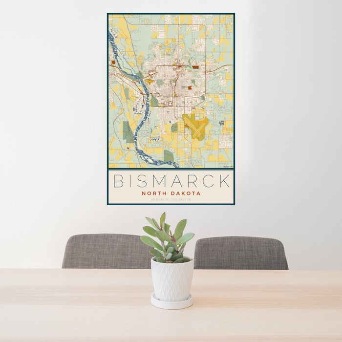 24x36 Bismarck North Dakota Map Print Portrait Orientation in Woodblock Style Behind 2 Chairs Table and Potted Plant