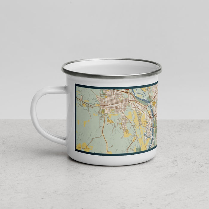 Left View Custom Bismarck North Dakota Map Enamel Mug in Woodblock