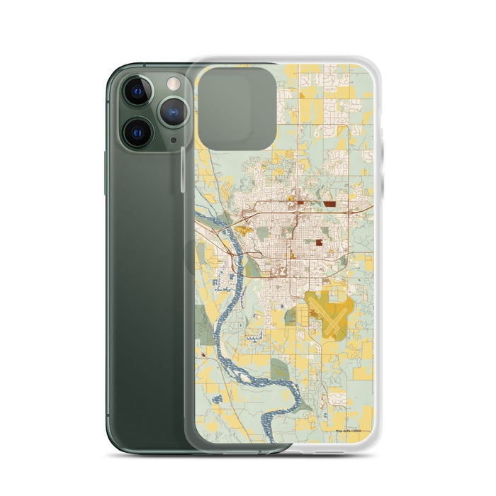 Custom Bismarck North Dakota Map Phone Case in Woodblock on Table with Laptop and Plant