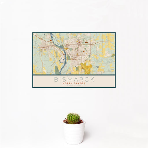 12x18 Bismarck North Dakota Map Print Landscape Orientation in Woodblock Style With Small Cactus Plant in White Planter