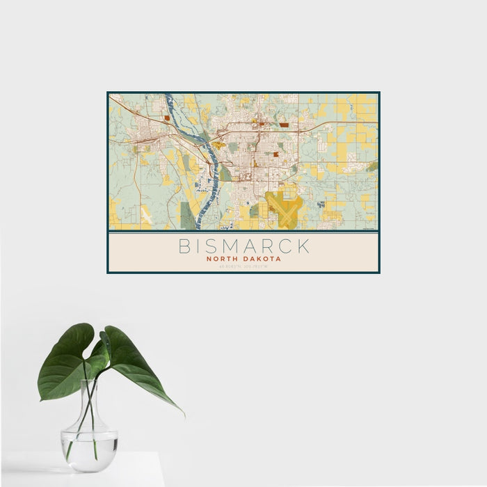 16x24 Bismarck North Dakota Map Print Landscape Orientation in Woodblock Style With Tropical Plant Leaves in Water