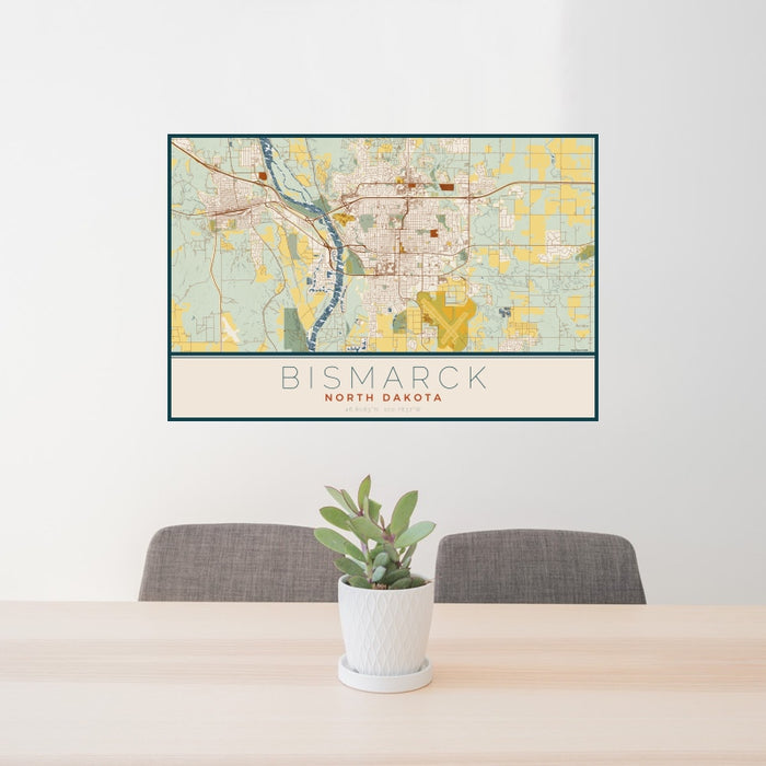 24x36 Bismarck North Dakota Map Print Landscape Orientation in Woodblock Style Behind 2 Chairs Table and Potted Plant
