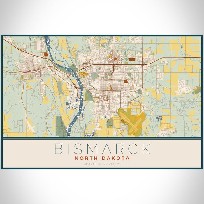 Bismarck North Dakota Map Print Landscape Orientation in Woodblock Style With Shaded Background