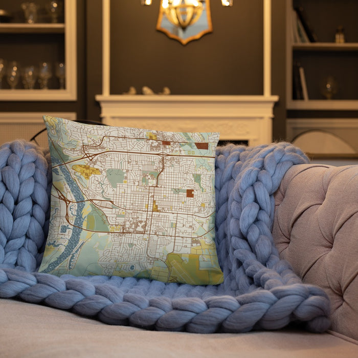 Custom Bismarck North Dakota Map Throw Pillow in Woodblock on Cream Colored Couch
