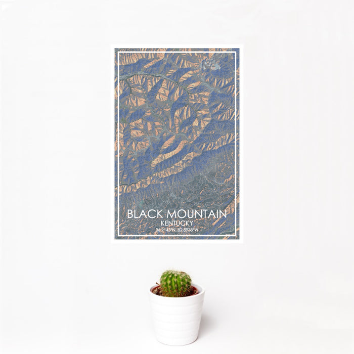 12x18 Black Mountain Kentucky Map Print Portrait Orientation in Afternoon Style With Small Cactus Plant in White Planter