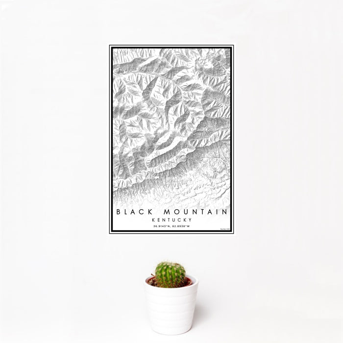 12x18 Black Mountain Kentucky Map Print Portrait Orientation in Classic Style With Small Cactus Plant in White Planter