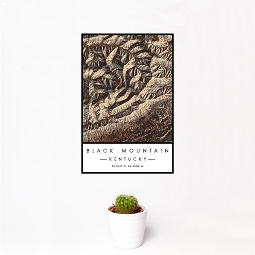 12x18 Black Mountain Kentucky Map Print Portrait Orientation in Ember Style With Small Cactus Plant in White Planter