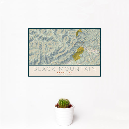 12x18 Black Mountain Kentucky Map Print Landscape Orientation in Woodblock Style With Small Cactus Plant in White Planter