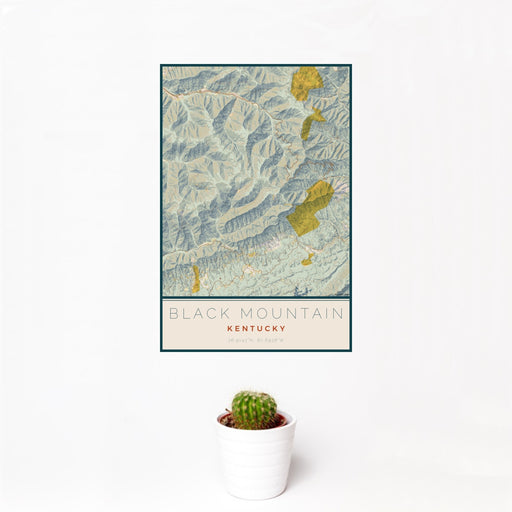 12x18 Black Mountain Kentucky Map Print Portrait Orientation in Woodblock Style With Small Cactus Plant in White Planter