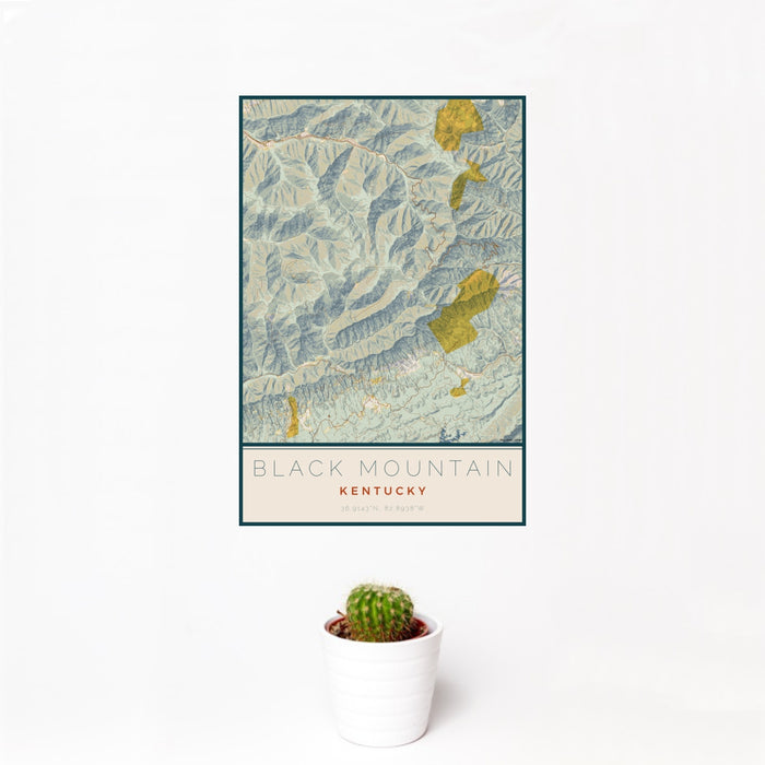 12x18 Black Mountain Kentucky Map Print Portrait Orientation in Woodblock Style With Small Cactus Plant in White Planter