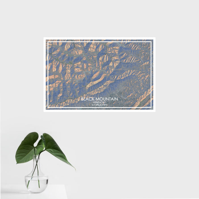16x24 Black Mountain Kentucky Map Print Landscape Orientation in Afternoon Style With Tropical Plant Leaves in Water