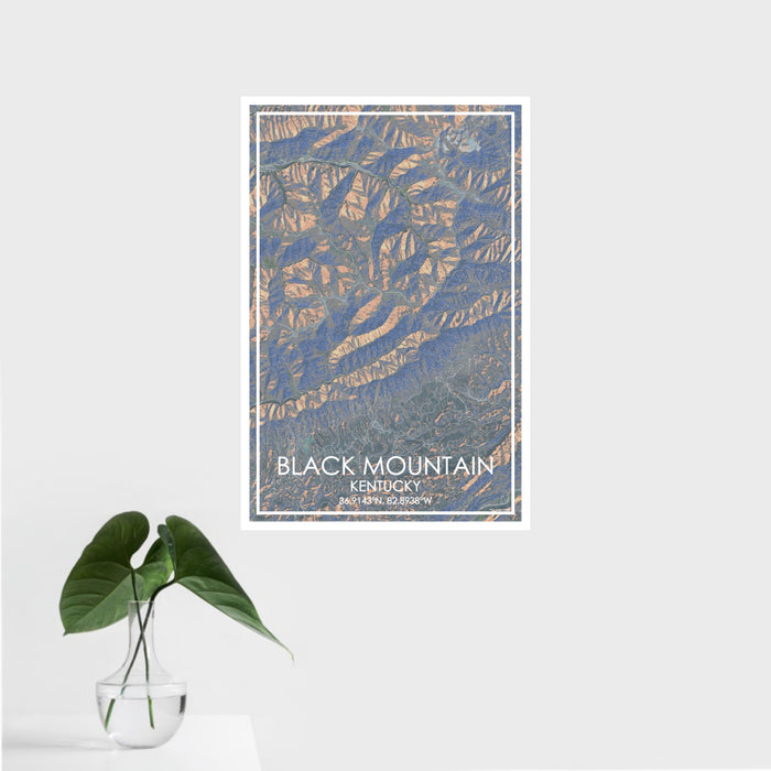 16x24 Black Mountain Kentucky Map Print Portrait Orientation in Afternoon Style With Tropical Plant Leaves in Water