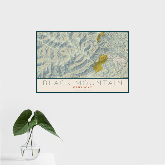 16x24 Black Mountain Kentucky Map Print Landscape Orientation in Woodblock Style With Tropical Plant Leaves in Water