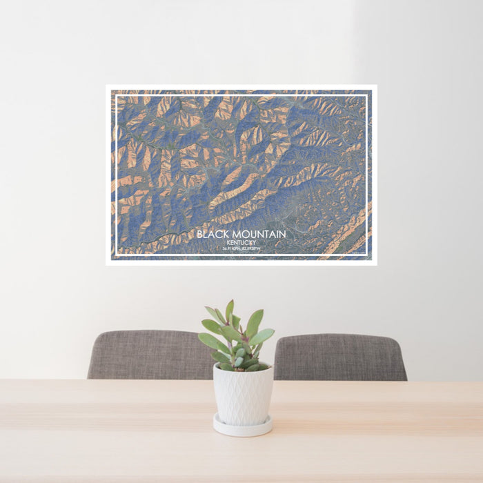 24x36 Black Mountain Kentucky Map Print Lanscape Orientation in Afternoon Style Behind 2 Chairs Table and Potted Plant