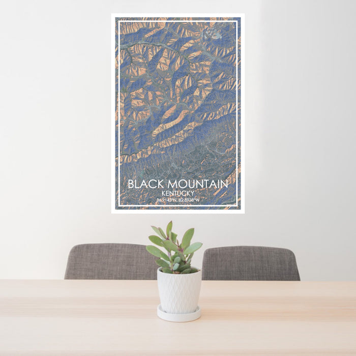 24x36 Black Mountain Kentucky Map Print Portrait Orientation in Afternoon Style Behind 2 Chairs Table and Potted Plant