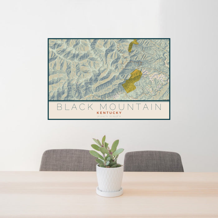 24x36 Black Mountain Kentucky Map Print Lanscape Orientation in Woodblock Style Behind 2 Chairs Table and Potted Plant