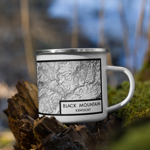 Right View Custom Black Mountain Kentucky Map Enamel Mug in Classic on Grass With Trees in Background