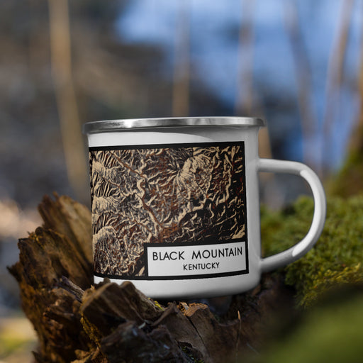 Right View Custom Black Mountain Kentucky Map Enamel Mug in Ember on Grass With Trees in Background