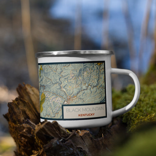 Right View Custom Black Mountain Kentucky Map Enamel Mug in Woodblock on Grass With Trees in Background