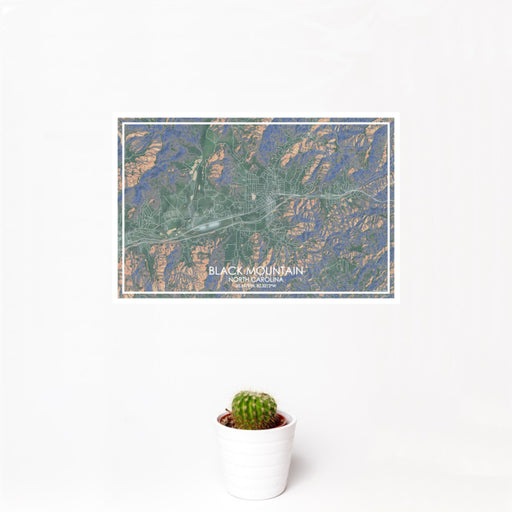 12x18 Black Mountain North Carolina Map Print Landscape Orientation in Afternoon Style With Small Cactus Plant in White Planter