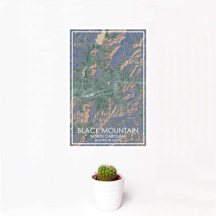 12x18 Black Mountain North Carolina Map Print Portrait Orientation in Afternoon Style With Small Cactus Plant in White Planter