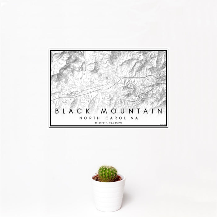 12x18 Black Mountain North Carolina Map Print Landscape Orientation in Classic Style With Small Cactus Plant in White Planter