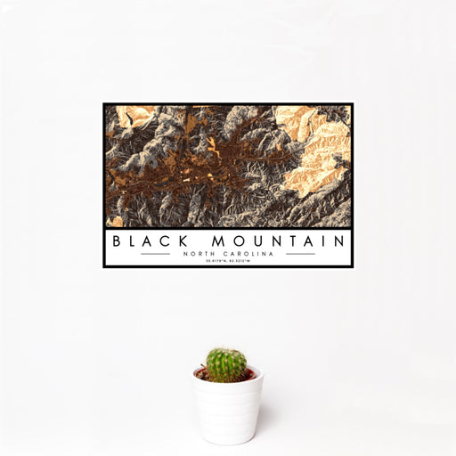 12x18 Black Mountain North Carolina Map Print Landscape Orientation in Ember Style With Small Cactus Plant in White Planter