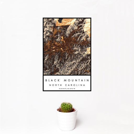 12x18 Black Mountain North Carolina Map Print Portrait Orientation in Ember Style With Small Cactus Plant in White Planter