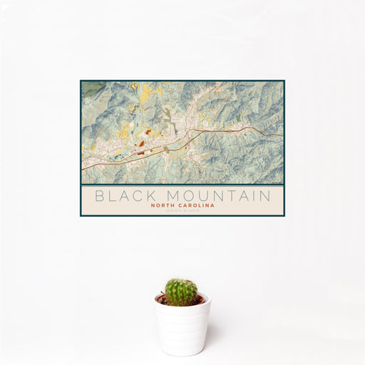 12x18 Black Mountain North Carolina Map Print Landscape Orientation in Woodblock Style With Small Cactus Plant in White Planter