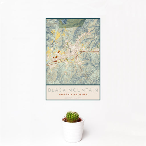 12x18 Black Mountain North Carolina Map Print Portrait Orientation in Woodblock Style With Small Cactus Plant in White Planter