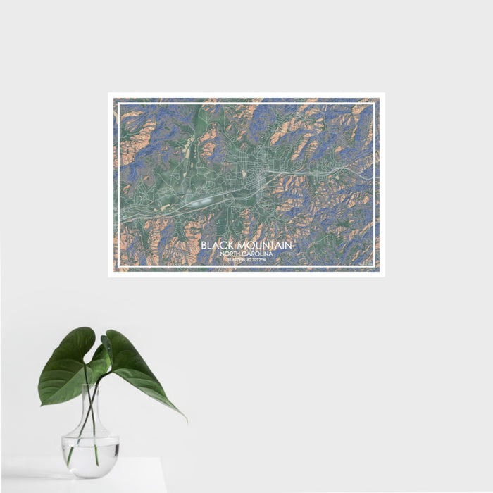 16x24 Black Mountain North Carolina Map Print Landscape Orientation in Afternoon Style With Tropical Plant Leaves in Water