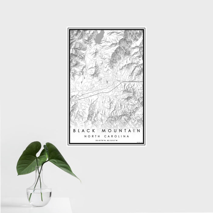 16x24 Black Mountain North Carolina Map Print Portrait Orientation in Classic Style With Tropical Plant Leaves in Water