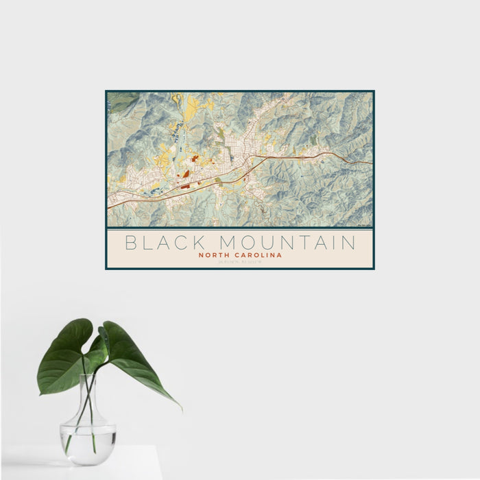 16x24 Black Mountain North Carolina Map Print Landscape Orientation in Woodblock Style With Tropical Plant Leaves in Water