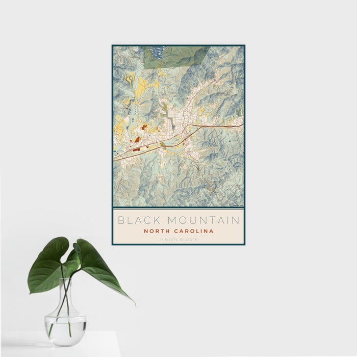 16x24 Black Mountain North Carolina Map Print Portrait Orientation in Woodblock Style With Tropical Plant Leaves in Water