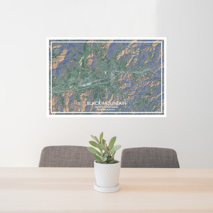 24x36 Black Mountain North Carolina Map Print Lanscape Orientation in Afternoon Style Behind 2 Chairs Table and Potted Plant