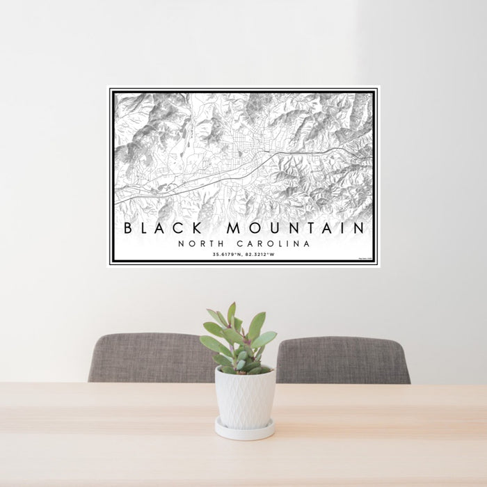 24x36 Black Mountain North Carolina Map Print Lanscape Orientation in Classic Style Behind 2 Chairs Table and Potted Plant