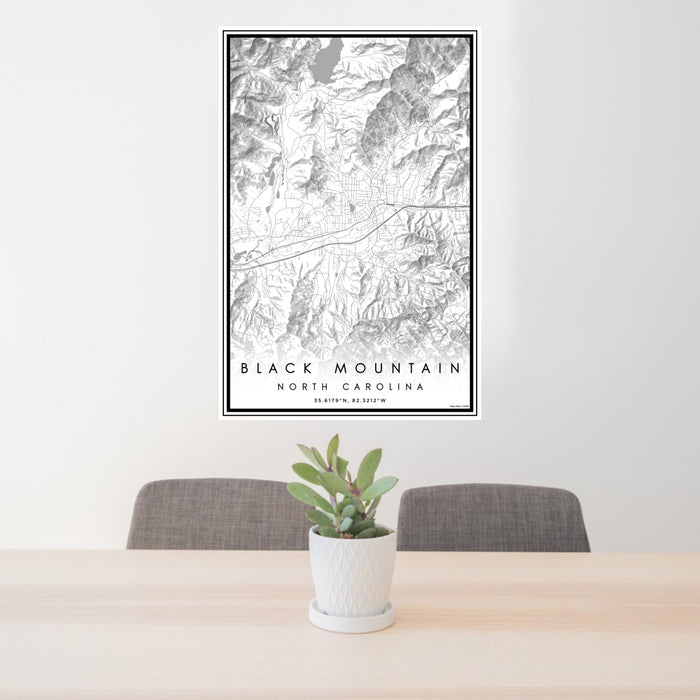 24x36 Black Mountain North Carolina Map Print Portrait Orientation in Classic Style Behind 2 Chairs Table and Potted Plant