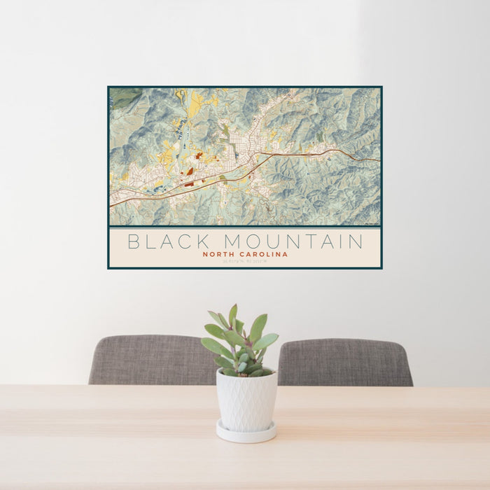 24x36 Black Mountain North Carolina Map Print Lanscape Orientation in Woodblock Style Behind 2 Chairs Table and Potted Plant