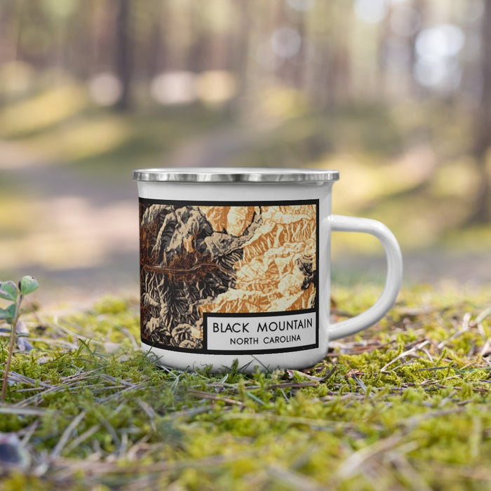 Right View Custom Black Mountain North Carolina Map Enamel Mug in Ember on Grass With Trees in Background