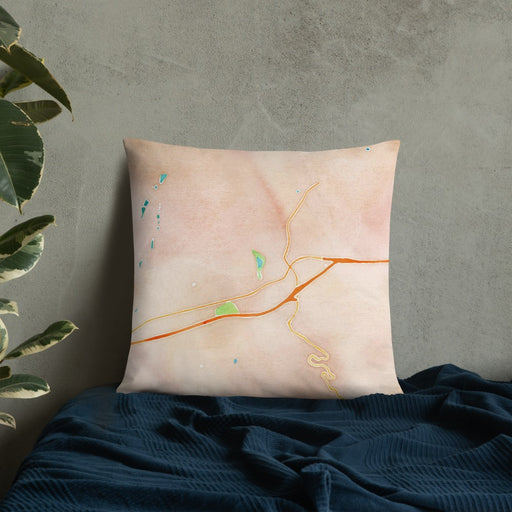 Custom Black Mountain North Carolina Map Throw Pillow in Watercolor on Bedding Against Wall