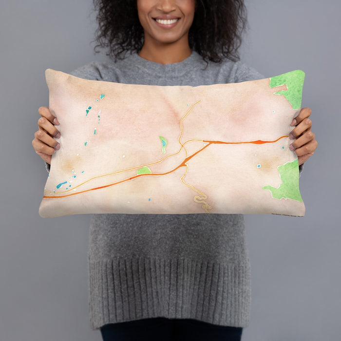 Person holding 20x12 Custom Black Mountain North Carolina Map Throw Pillow in Watercolor