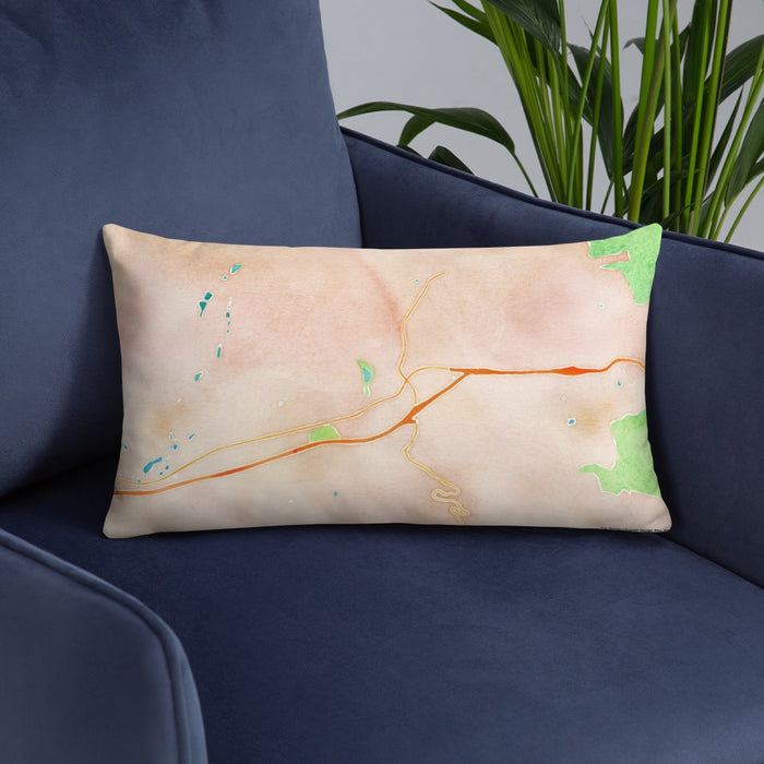 Custom Black Mountain North Carolina Map Throw Pillow in Watercolor on Blue Colored Chair