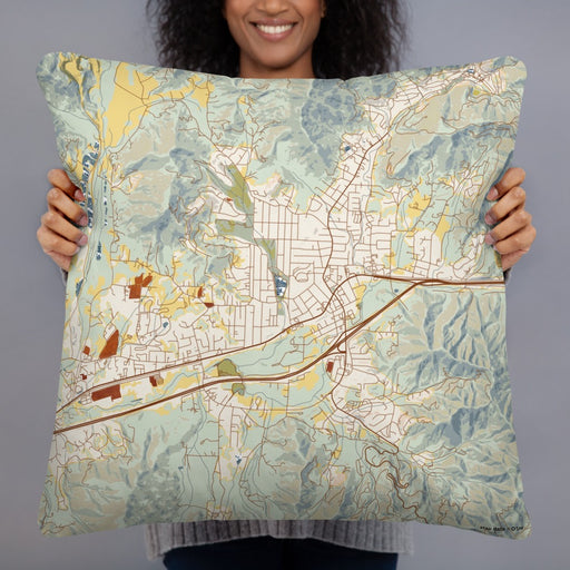 Person holding 22x22 Custom Black Mountain North Carolina Map Throw Pillow in Woodblock