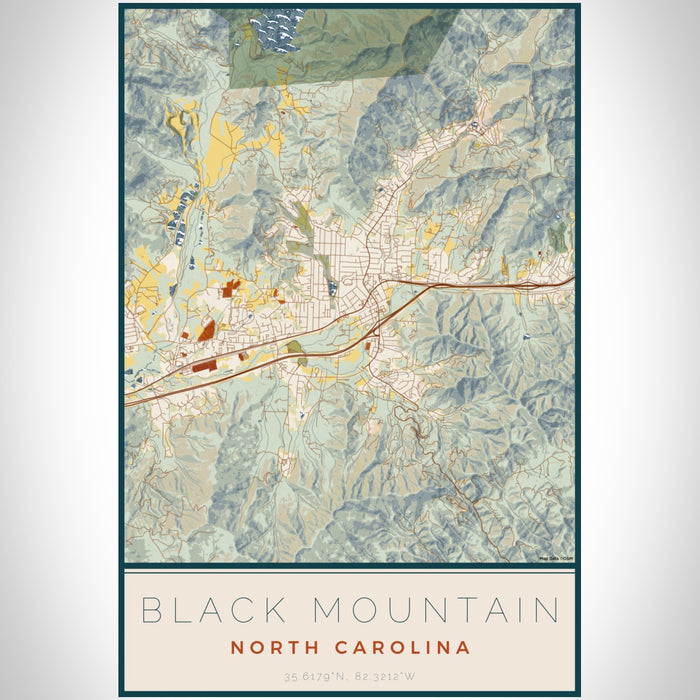 Black Mountain North Carolina Map Print Portrait Orientation in Woodblock Style With Shaded Background