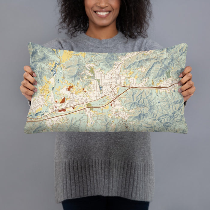 Person holding 20x12 Custom Black Mountain North Carolina Map Throw Pillow in Woodblock