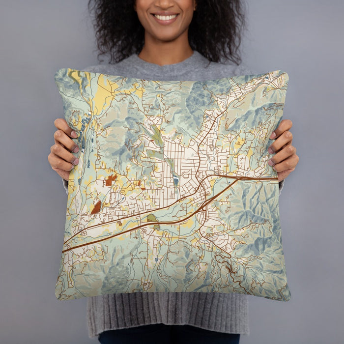 Person holding 18x18 Custom Black Mountain North Carolina Map Throw Pillow in Woodblock