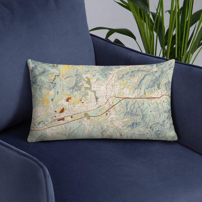 Custom Black Mountain North Carolina Map Throw Pillow in Woodblock on Blue Colored Chair