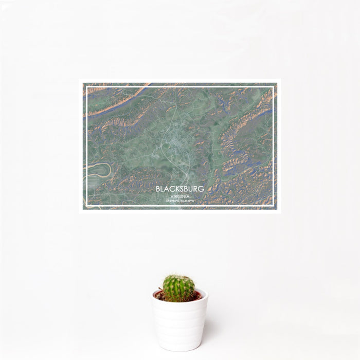 12x18 Blacksburg Virginia Map Print Landscape Orientation in Afternoon Style With Small Cactus Plant in White Planter