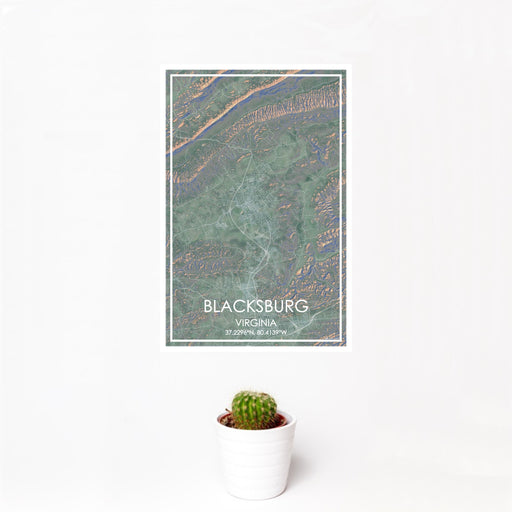 12x18 Blacksburg Virginia Map Print Portrait Orientation in Afternoon Style With Small Cactus Plant in White Planter