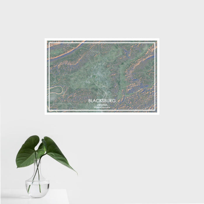 16x24 Blacksburg Virginia Map Print Landscape Orientation in Afternoon Style With Tropical Plant Leaves in Water